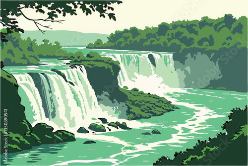 32 Majestic waterfall, turquoise water, rushing rapids, lush green forest, rocky cliffs, misty spray, sunlight filtering through trees, scenic nature landscape, powerful cascade, tranquil river, prist