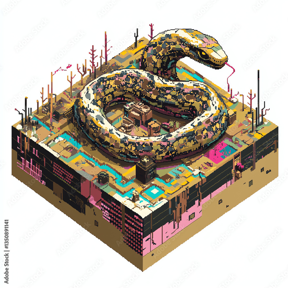 Obraz premium Isometric pixel art snake with building structures and plants
