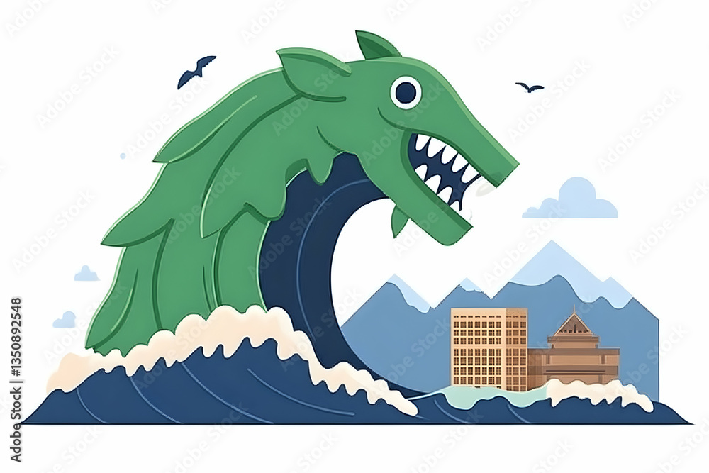 Naklejka premium Stylized illustration of a green sea monster emerging from a wave, threatening buildings in a mountainous landscape; powerful imagery for environmental themes.