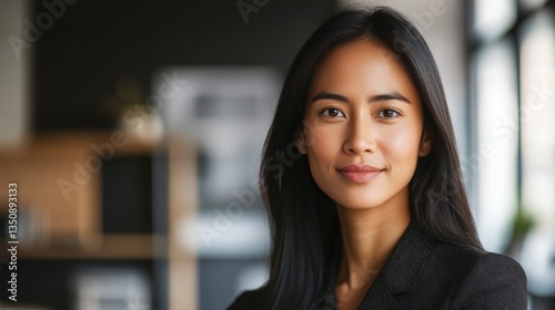 Confident young businesswoman in a modern office, embodying professionalism and focus.

