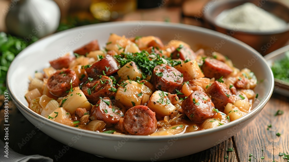 Polish bigos hunters stew sausage and sauerkraut plated in white bowl clean presentation Polish bigos hunters stew sausage and sauerkraut plated in white bowl clean presentation
