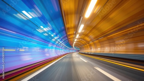 A long tunnel, viewed from the inside, shows motion blur from rapid forward movement