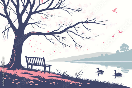 34 Serene lakeside scene, cherry blossom tree in bloom, wooden bench, misty morning light, calm water reflections, ducks swimming, fallen petals on ground, tranquil atmosphere, soft pink and blue tone