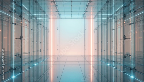 Illuminated glass display space modern art gallery digital visualization minimalist environment wide-angle perspective futuristic design concept for enhanced user experience