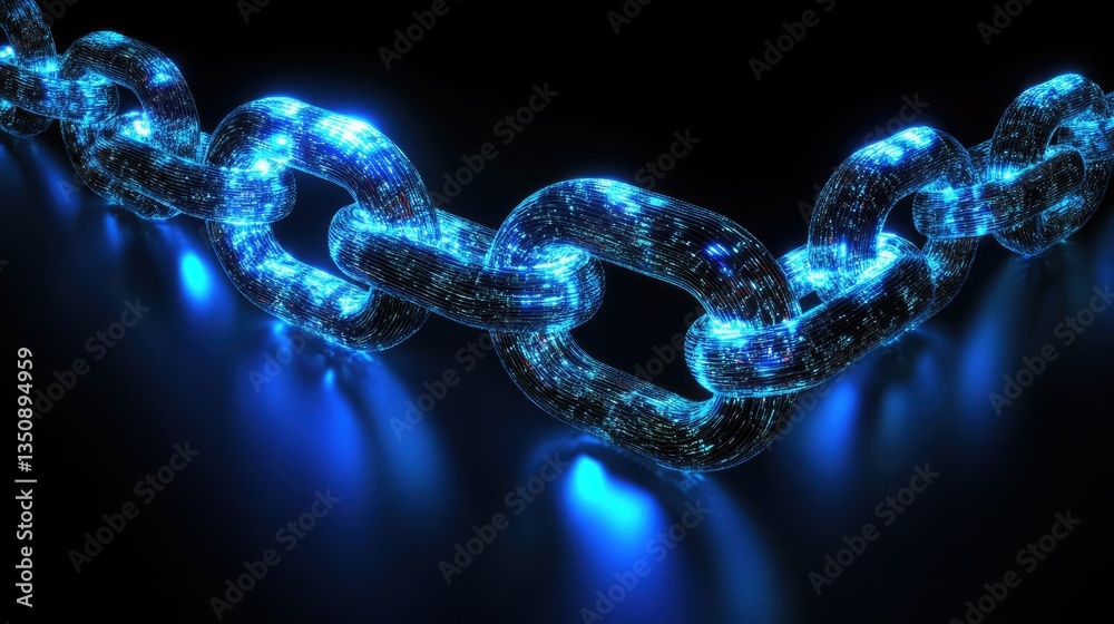Glowing Digital Chain Link with Blue Light on Dark Background Glowing Digital Chain Link with Blue Light on Dark Background