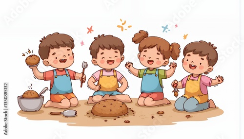 Joyful Chibi-Style Illustration of Four Children Engaging in Sandbox Play: A Whimsical Depiction of Childhood Fun and Friendship with Bright Colors and Soft Lighting