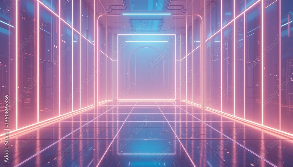 Obraz premium Futuristic neon corridor virtual space digital art modern environment perspective view conceptual design for immersive experiences