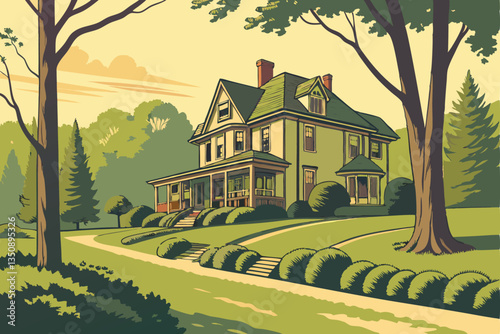 35 Large Victorian-style house, lush green lawn, sunlit garden, manicured shrubs, tall trees, dappled sunlight, idyllic countryside estate, peaceful scenery, vibrant colors, soft focus, photorealistic