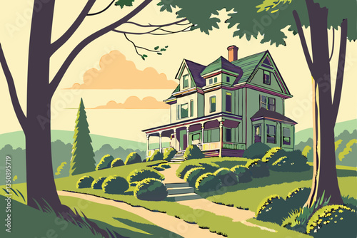 35 Large Victorian-style house, lush green lawn, sunlit garden, manicured shrubs, tall trees, dappled sunlight, idyllic countryside estate, peaceful scenery, vibrant colors, soft focus, photorealistic