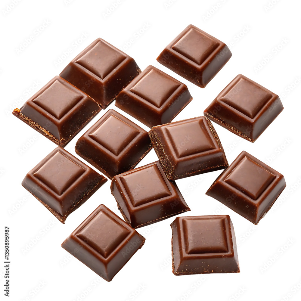 A delightful scattering of rich milk chocolate squares, a tempting treat perfect for sharing or indulging in a moment of pure sweetness against a bright white background. A delightful scattering of rich milk chocolate squares, a tempting treat perfect for sharing or indulging in a moment of pure sweetness against a bright white background.