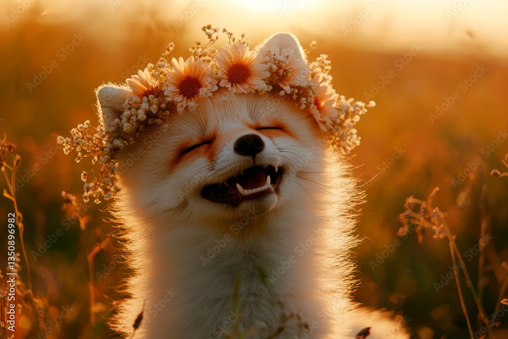 Fototapeta premium Cute baby animal arctic fox wearing fierce flower wreath on its head. Golden hour in sunset. Summer happiness. Wild beauty in a floral setting. Wild animal with flower wreath.
