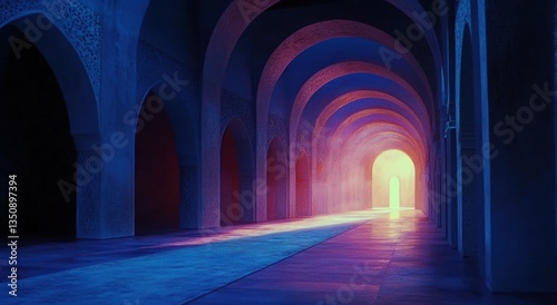 An arched hallway illuminated by a radiant light at the end