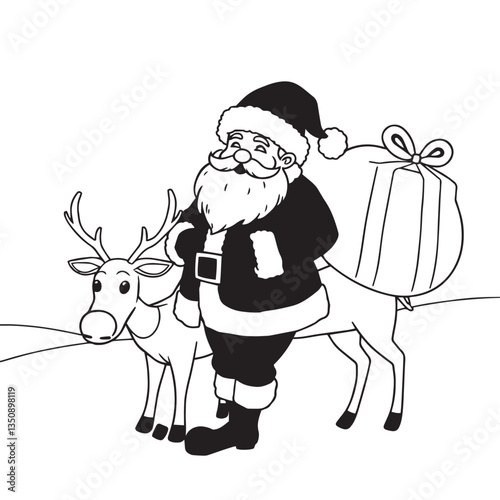 Continuous one black line art drawing christmas reindeer and santa claus vector illustration.