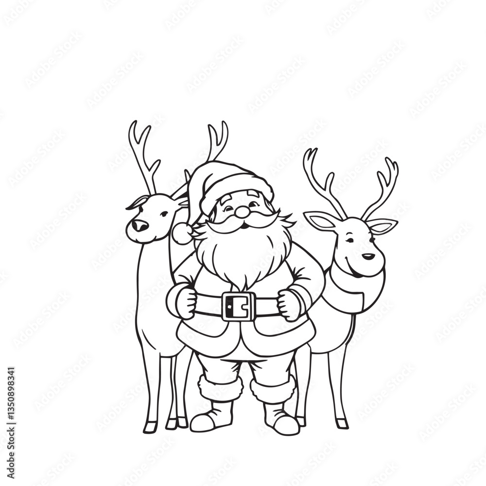 Continuous one black line art drawing christmas reindeer and santa claus vector illustration. Continuous one black line art drawing christmas reindeer and santa claus vector illustration.