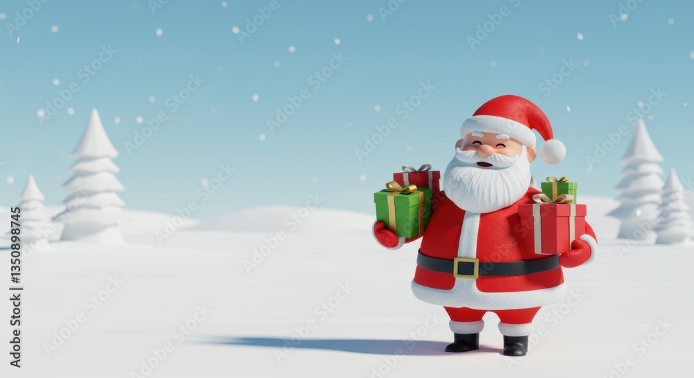 Fototapeta premium Jolly santa claus holding gifts in a winter wonderland with snowy trees