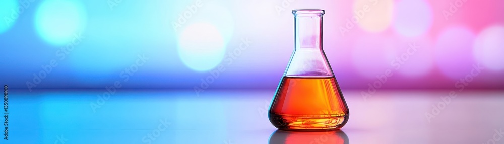 A glass flask containing orange liquid, set against a colorful blurred background, suggesting a scientific or experimental theme. A glass flask containing orange liquid, set against a colorful blurred background, suggesting a scientific or experimental theme.