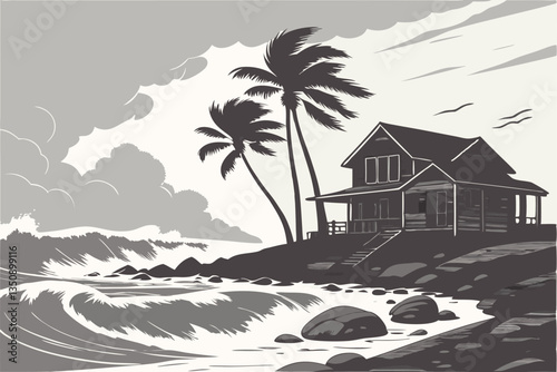 37 Tropical storm, damaged beachfront house, crashing waves, palm trees bending in wind, rocky shoreline, overcast sky, debris, atmospheric, moody, cinematic, dramatic lighting, high contrast, photore