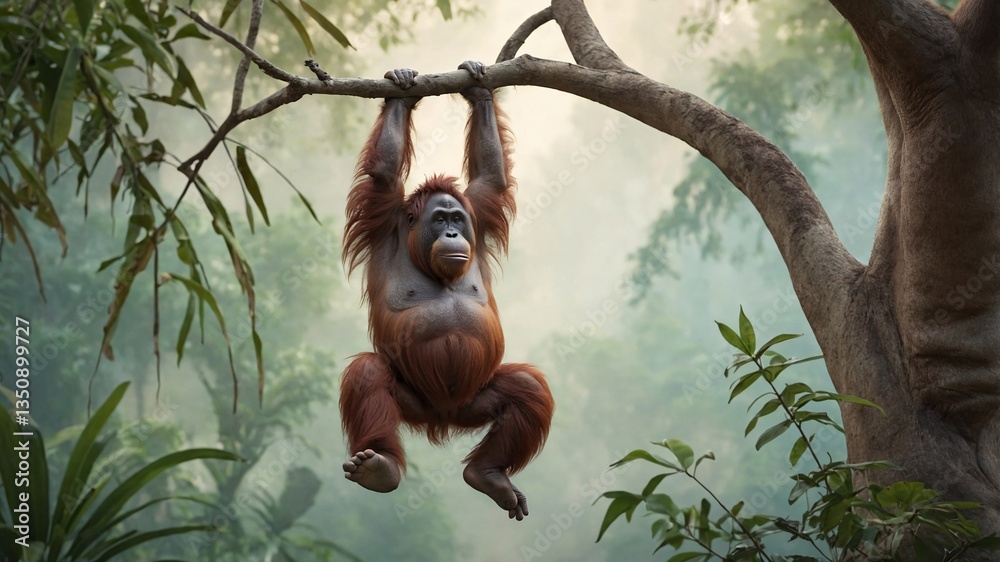 Obraz premium A 3D illustration of orangutan swinging from a branch of tree in jungle