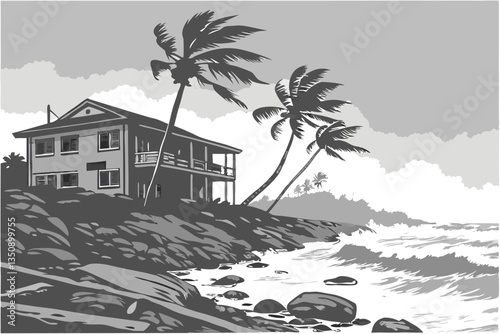 37 Tropical storm, damaged beachfront house, crashing waves, palm trees bending in wind, rocky shoreline, overcast sky, debris, atmospheric, moody, cinematic, dramatic lighting, high contrast, photore