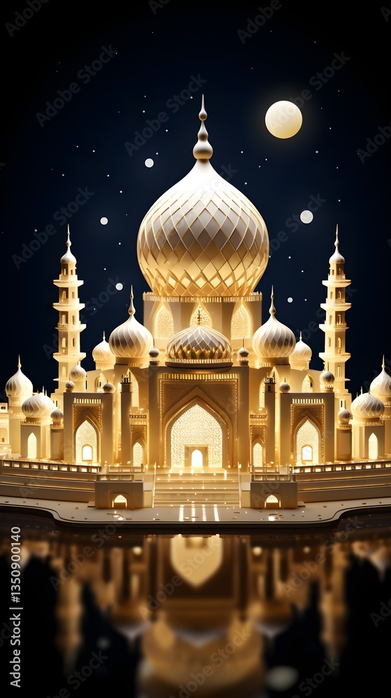 Obraz premium Golden Mosque at Night with Moon and Stars Islamic Architecture Ramadan Eid al Fitr