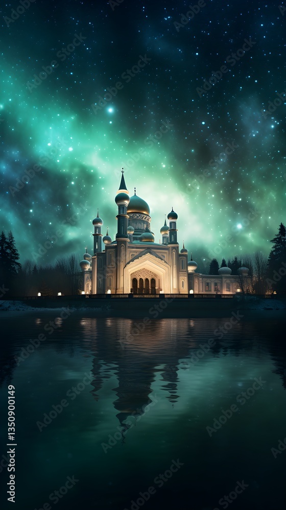 Fototapeta premium Majestic Mosque with Starry Night Sky Reflection in Water