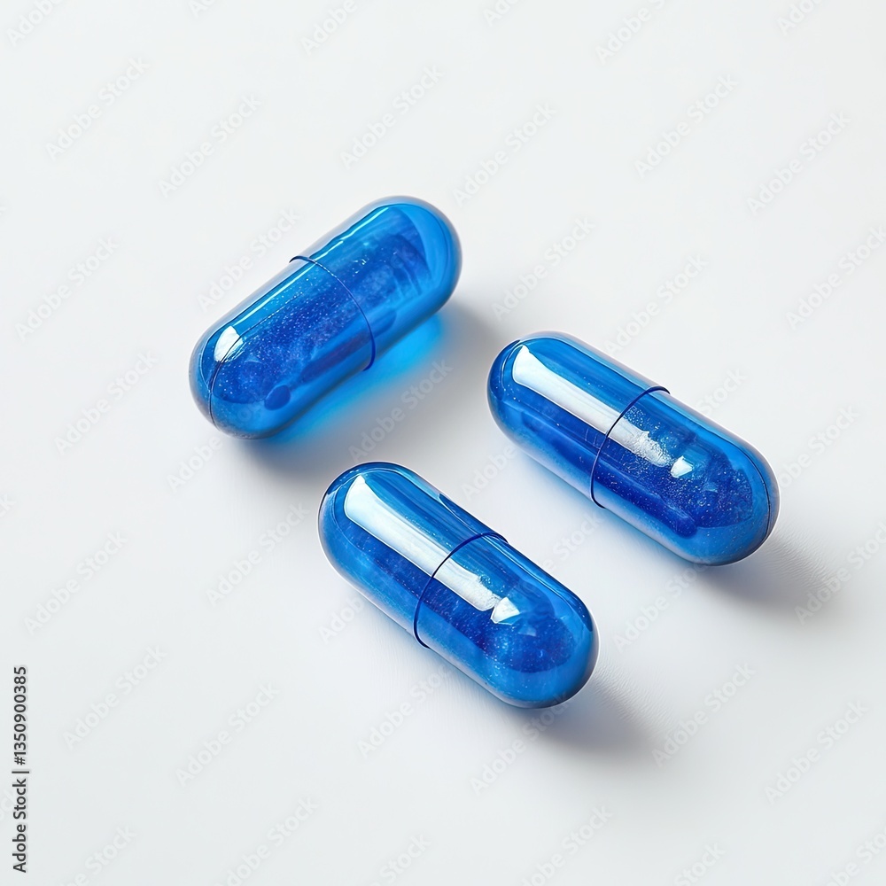 Three translucent blue capsules on a white surface Three translucent blue capsules on a white surface