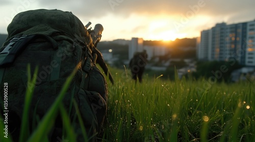 Military gear on a grassy hill at sunrise