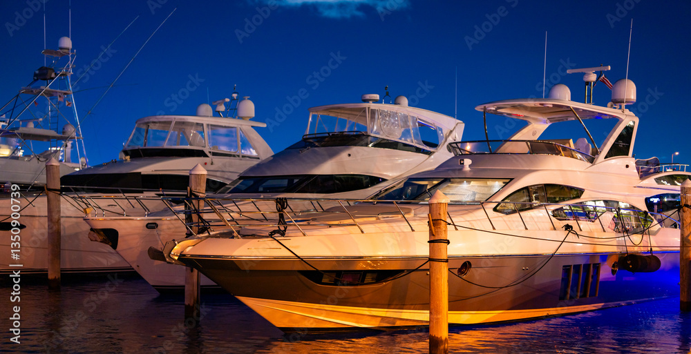 Fototapeta premium Yacht sailing on sea waters. Luxury superyacht at sea. Miami Beach with yachts. Tropical seascape with a sailboat. Cruise ship near the coastline. Sunset yacht voyage in Florida. Luxury yacht.