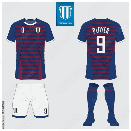 Soccer jersey or football kit mockup design for football club. Football shirt, short, sock template. Soccer uniform in front view, back view. Football logo in flat design.