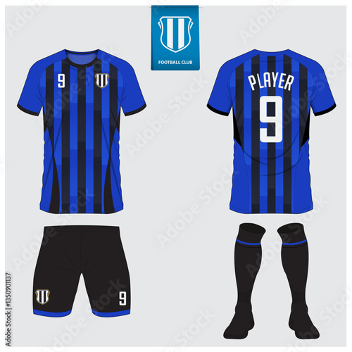 Soccer jersey or football kit mockup design for football club. Football shirt, short, sock template. Soccer uniform in front view, back view. Football logo in flat design.