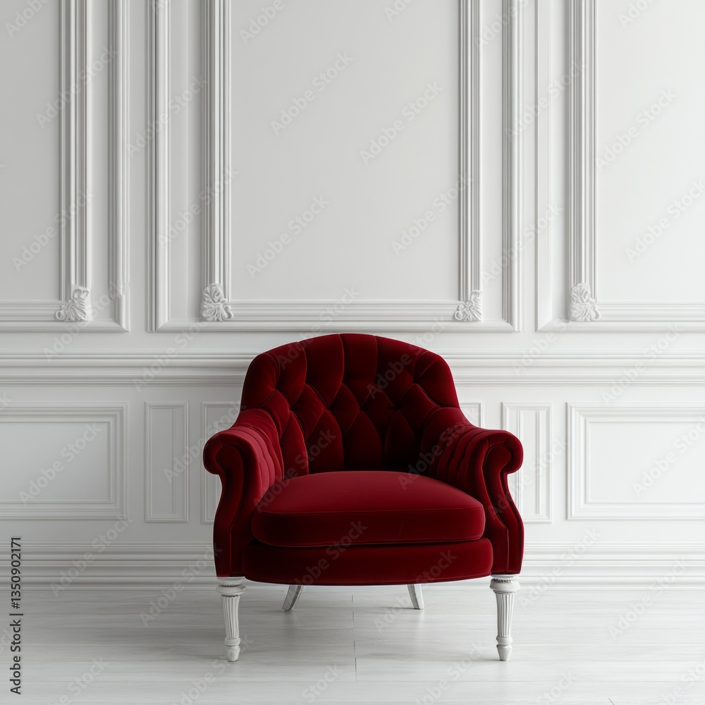 Naklejka premium Red velvet armchair sits in front of elegant white wall