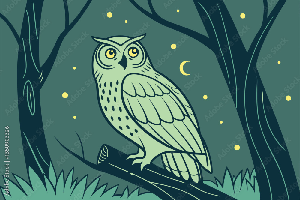 Fototapeta premium 39 Mystical owl portrait, enchanted forest, glowing fireflies, magical atmosphere, twinkling fairy lights, dark teal background, golden hour lighting, detailed feathers, wide-eyed expression, nocturna