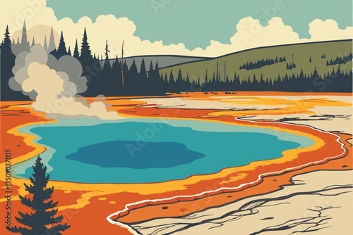 40 Vibrant geothermal hot spring, Yellowstone National Park, turquoise and blue water, orange and yellow mineral deposits, colorful bacterial mats, steam rising, surrounded by pine forest, mountain la