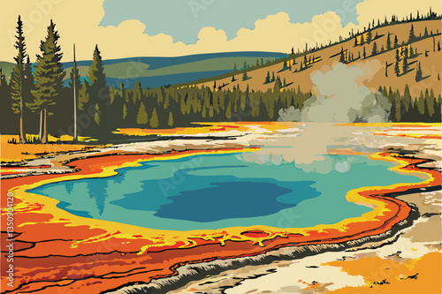 40 Vibrant geothermal hot spring, Yellowstone National Park, turquoise and blue water, orange and yellow mineral deposits, colorful bacterial mats, steam rising, surrounded by pine forest, mountain la