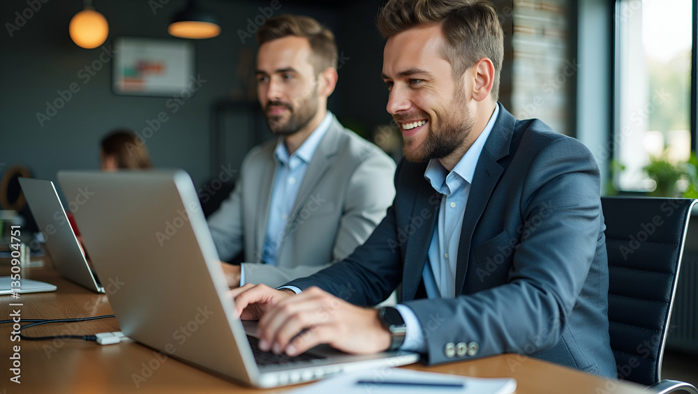 Flat Vector Illustration of Two Busy Diverse Businessmen Working in Office: Professional Colleagues Using Laptops at Workplace Desk with Modern Technology - Smart Business Concept Flat Vector Illustration of Two Busy Diverse Businessmen Working in Office: Professional Colleagues Using Laptops at Workplace Desk with Modern Technology - Smart Business Concept