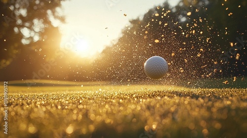 Golf ball in flight, sunset, grass, splashing.