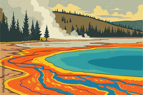 40 Vibrant geothermal hot spring, Yellowstone National Park, turquoise and blue water, orange and yellow mineral deposits, colorful bacterial mats, steam rising, surrounded by pine forest, mountain la