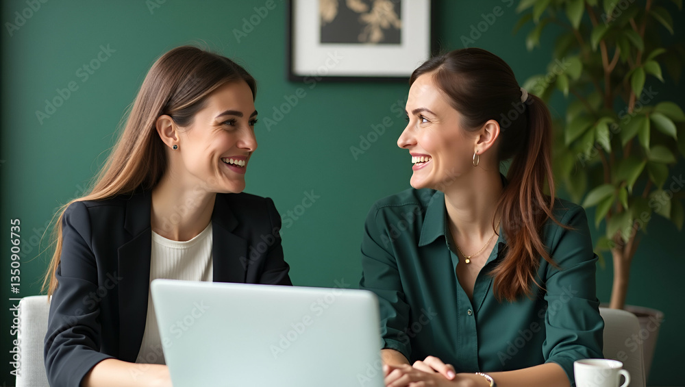 Candid Conversation: Two Professional Businesswomen Collaborate in a Cozy Green Office Setting