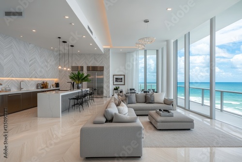 Modern open-concept Miami condo living room with ocean view