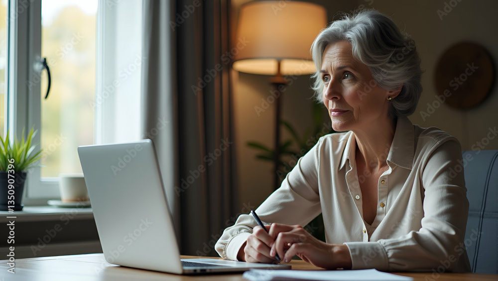 Serious Mature Woman in Her 60s Engaged in Training Webinar: A Flat Vector Illustration of a Businesswoman Taking Notes While Working from Home or Office Serious Mature Woman in Her 60s Engaged in Training Webinar: A Flat Vector Illustration of a Businesswoman Taking Notes While Working from Home or Office