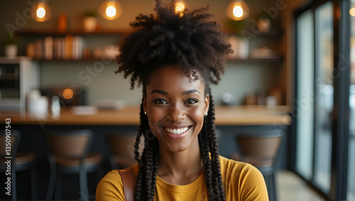 Engaging Virtual Chats: Young African American Hipster Woman with Afro Hair Captures the Essence of Online Blogging and Video Calls in a Cozy Cafe Setting - A Stylish Portrait Concept
