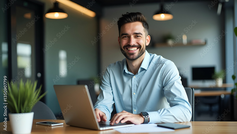 Flat Vertical portrait of smiling young business man startup founder happy Latin entrepreneur confident business owner looking at camera using laptop computer technology working at corporate office de Flat Vertical portrait of smiling young business man startup founder happy Latin entrepreneur confident business owner looking at camera using laptop computer technology working at corporate office de
