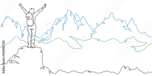 Continuous one line drawing woman on top of the mountain. Mountain panorama. Tourist with a backpack. Beautiful landscape.One continuous line isolated minimal illustration.Not AI.