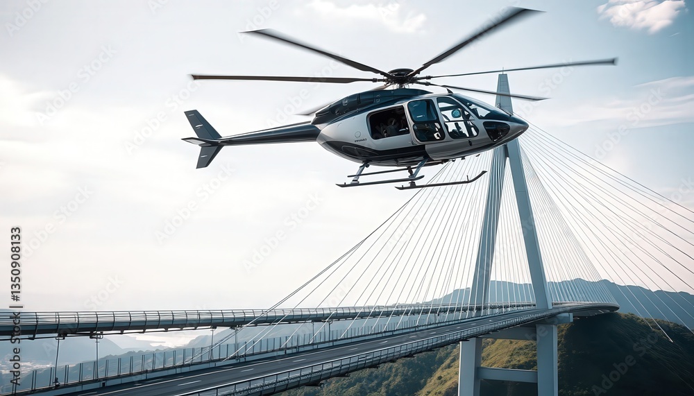 Fototapeta premium Helicopter Flying Over a Modern Cable-Stayed Bridge
