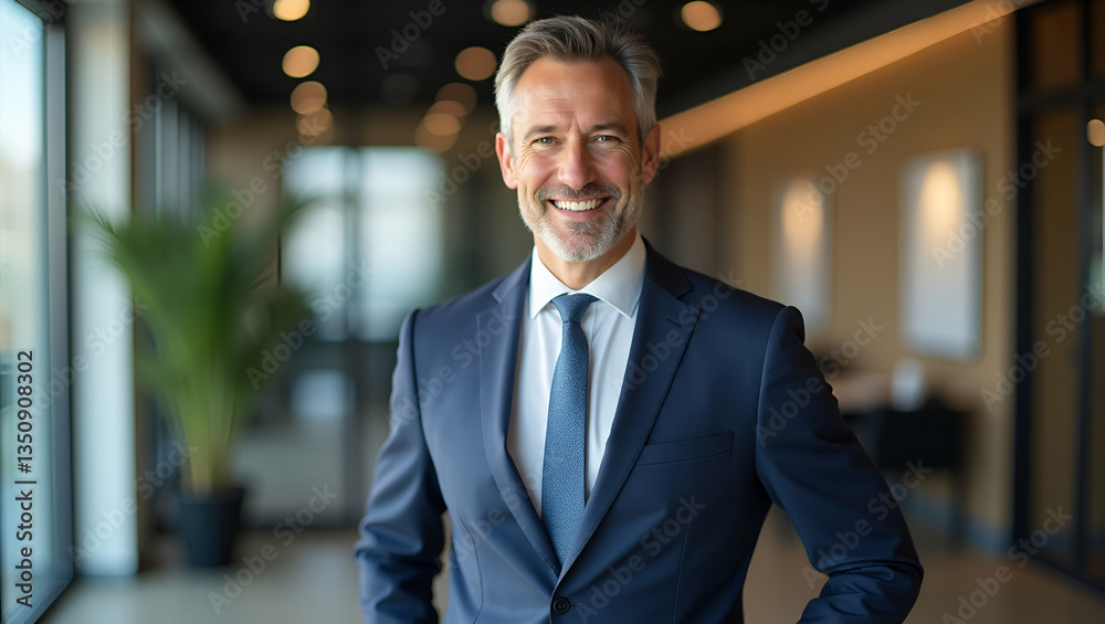 Fototapeta premium Flat Vector Illustration of Confident 50-Year-Old Male Executive Projecting Leadership and Growth