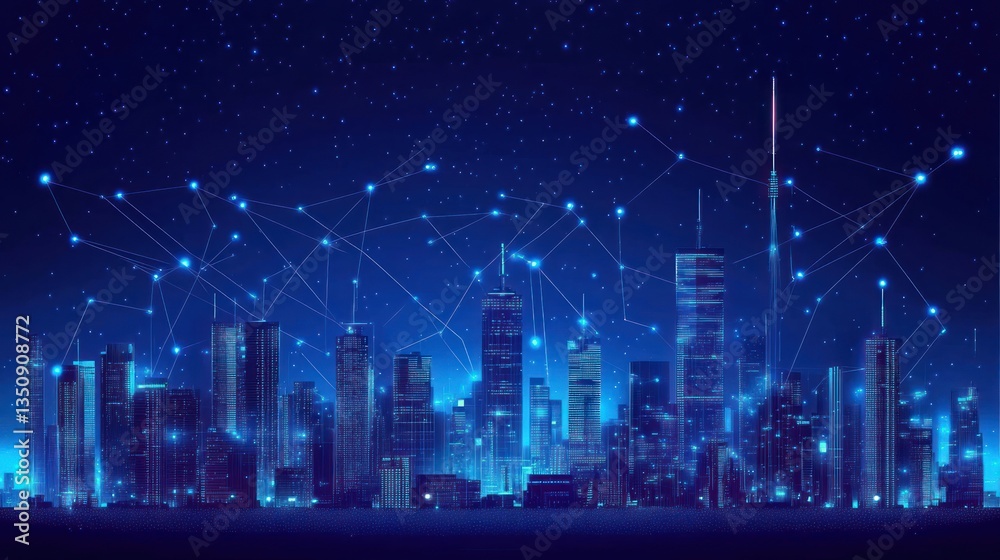Fototapeta premium Futuristic city skyline at night, interconnected network, urban technology, background