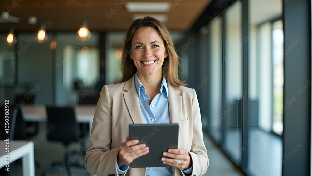 Obraz premium Empowered Gray-Haired Businesswoman with Digital Tablet: A Confident Midlife Leader Merging Style and Authority in a Cute Vector Illustration