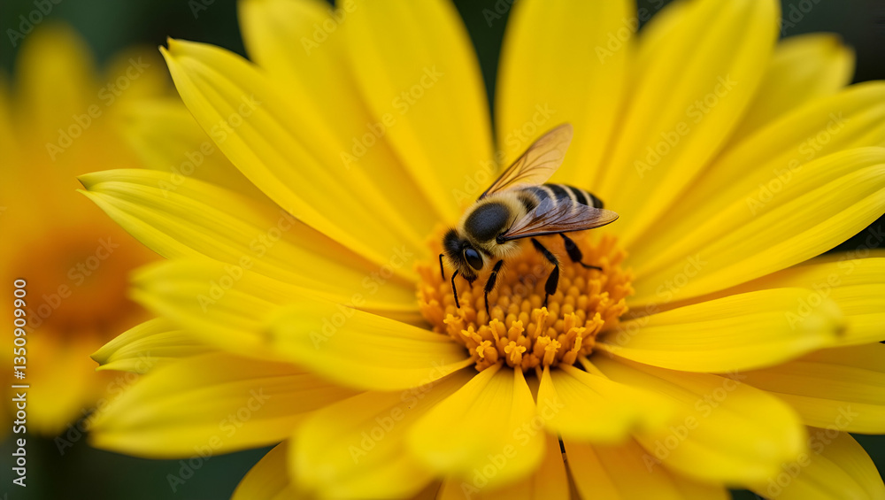 Bee Collecting Nectar from Vibrant Yellow Chrysanthemum Flowers in Autumn Garden: A Stunning Photo Stock Concept Showcasing Pollination and Nature's Cycle with Empty Space Bee Collecting Nectar from Vibrant Yellow Chrysanthemum Flowers in Autumn Garden: A Stunning Photo Stock Concept Showcasing Pollination and Nature's Cycle with Empty Space