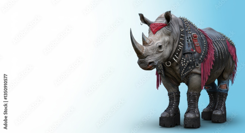 Fototapeta premium Punk rhino in leather jacket and boots on gradient background