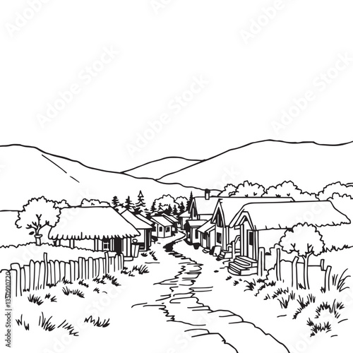 Continuous one black line art drawing village life vector design illustration.